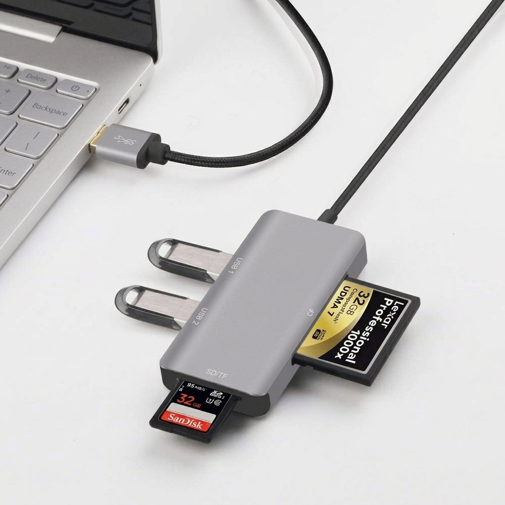 Onten 8107 5-in-1 USB 3.0 CF/TF/SD Card Reader & 2-Port Hub (Gray)