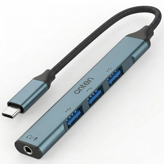 Onten 9706 USB C to 3.5mm Jack Adapter with USB 3 Port Hub