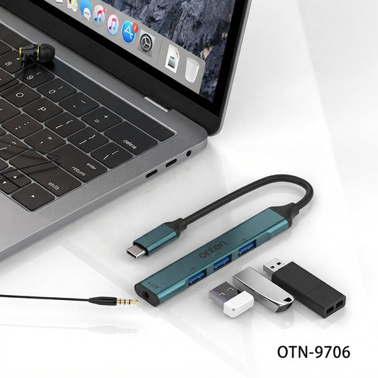 Onten 9706 USB C to 3.5mm Jack Adapter with USB 3 Port Hub