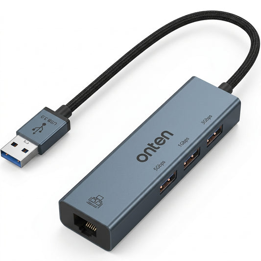 Onten OTN-5706 USB-A to 3.5mm Audio Adapter with 3-Port USB Hub